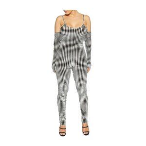 Women’s Long Sleeve Cold Shoulder Jumpsuit — Houndstooth by Naked Wardrobe